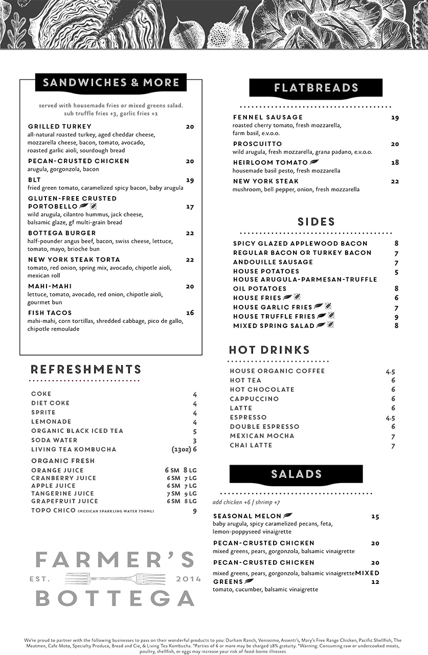 Delectable Brunch Menu Farmer's Bottega Mission Hills